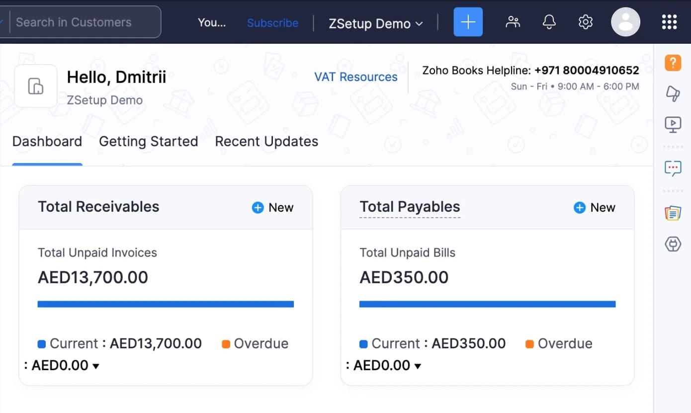 Zoho Books dashboard: total receivables and payables