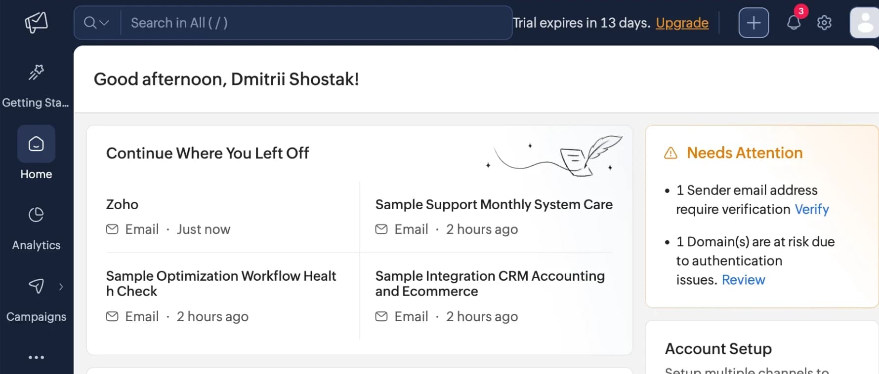 Zoho Campaigns home: recent email campaigns and account setup