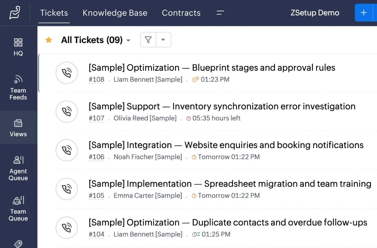 Zoho Desk: a list of support tickets