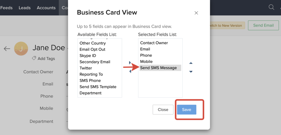Adding Mobile and Send SMS Message to the Contact business card