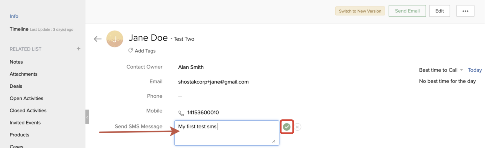 Sending a first test SMS from a Zoho CRM Contact