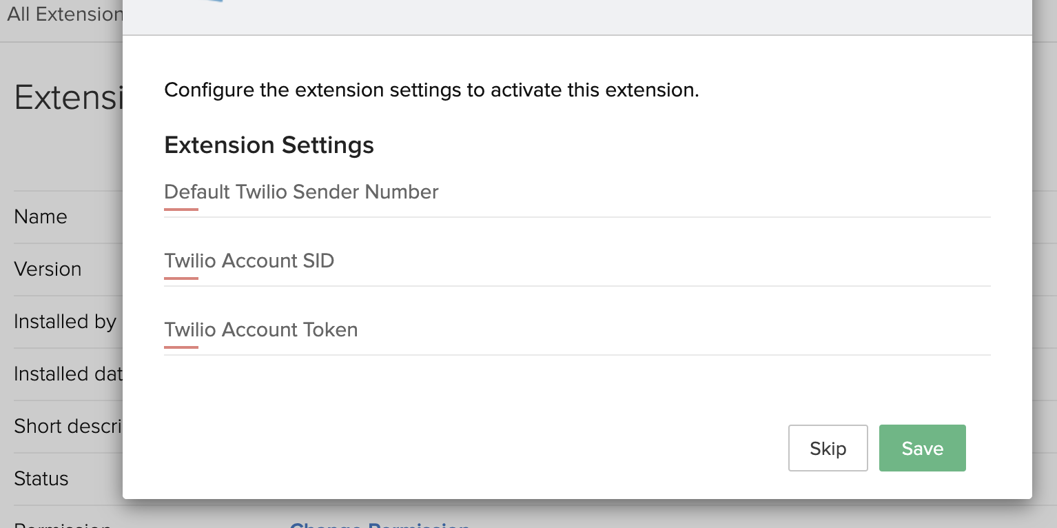 The extension's Twilio settings: Sender Number, SID and Token