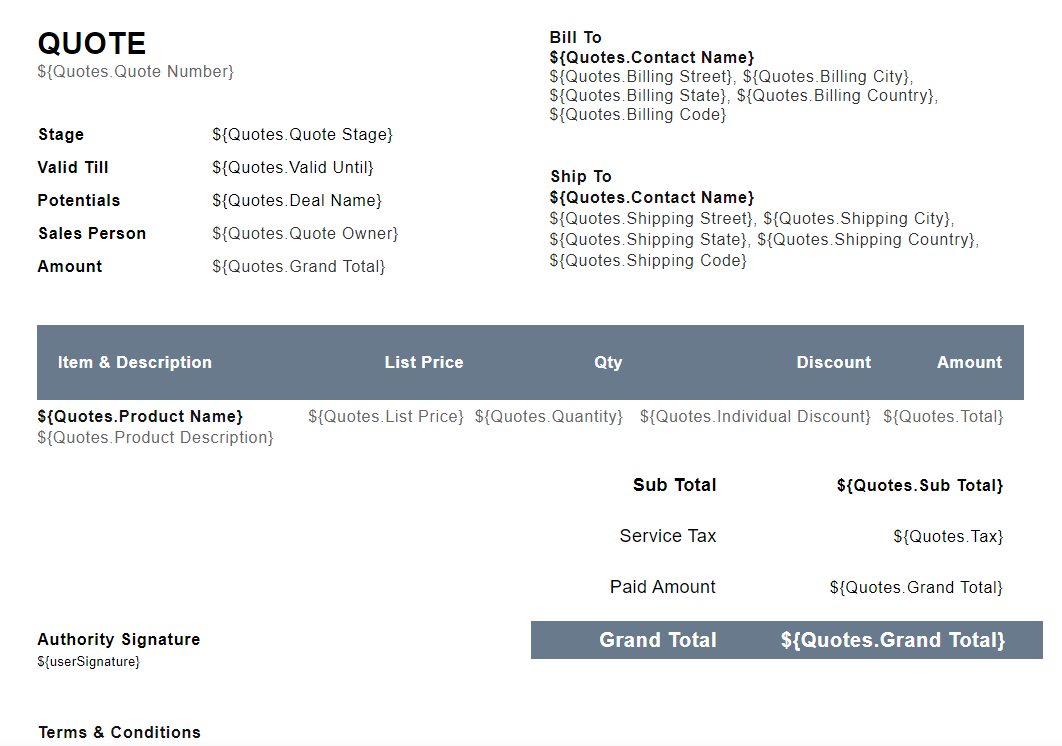 A flexible document template built from Zoho CRM data