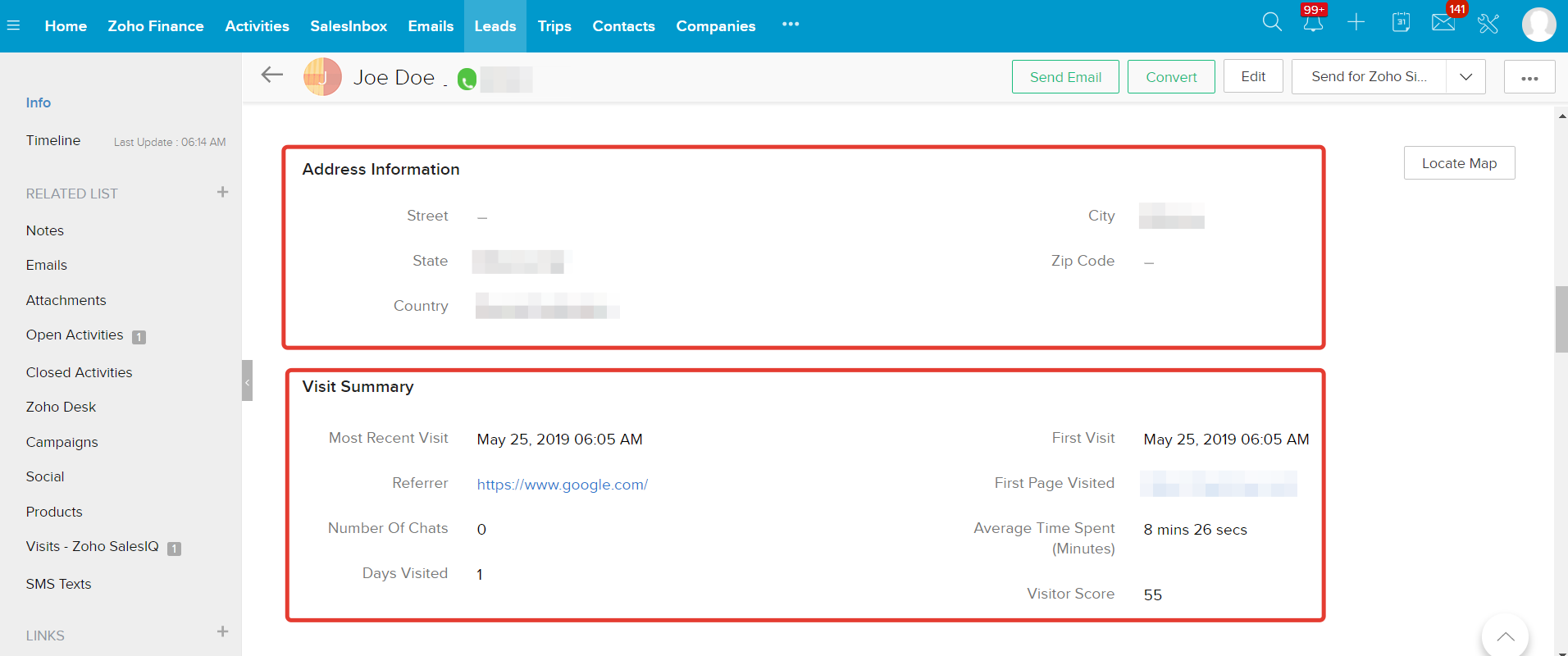 A Zoho CRM Lead enriched with address and visit information