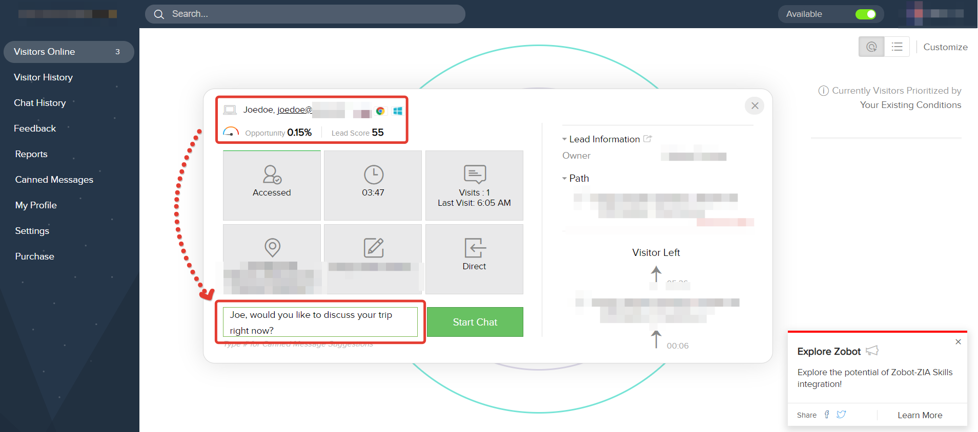 The new visitor's details in Zoho SalesIQ