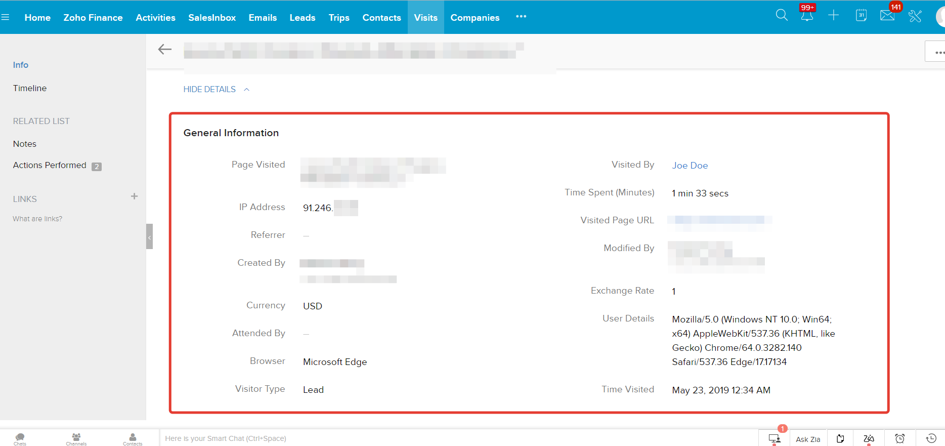 Website visit details on a Zoho CRM Lead