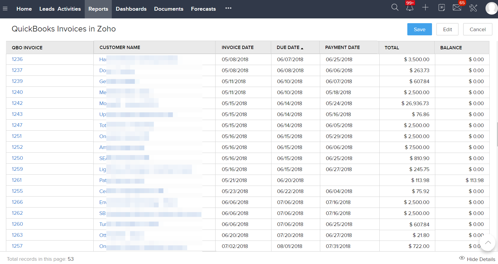 An invoice synced from Zoho CRM to QuickBooks Online