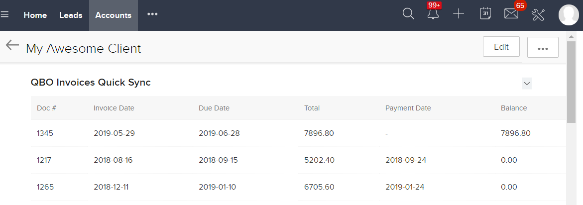 QuickBooks invoices listed on a Zoho CRM Contact