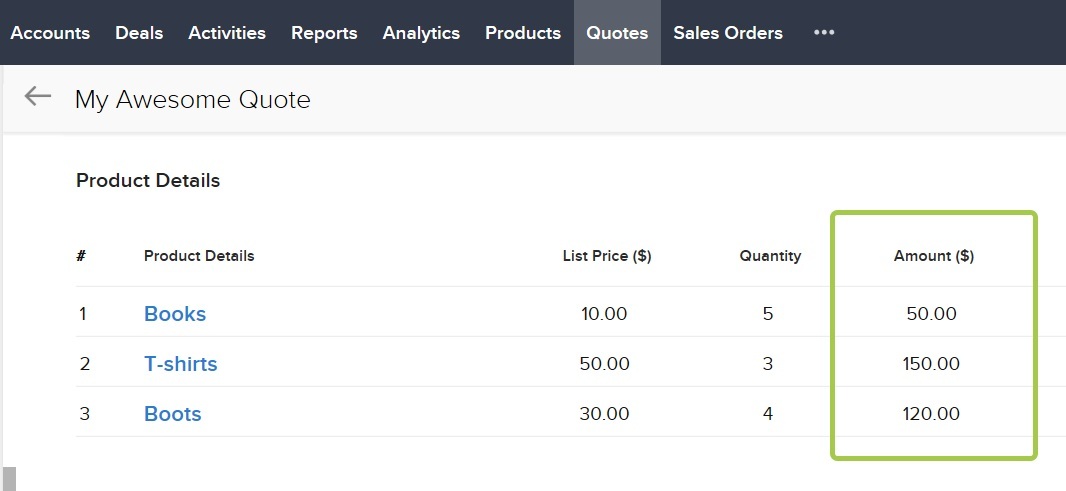 A Zoho CRM Quote with three line items: boots, T-shirts and books