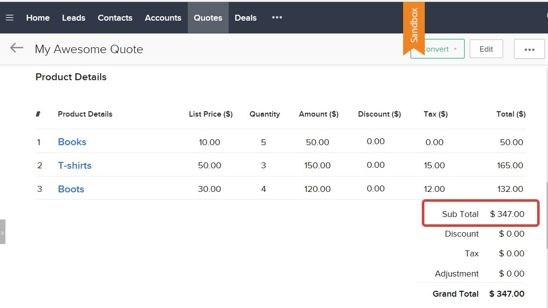 Zoho's Sub Total, which already includes the line taxes