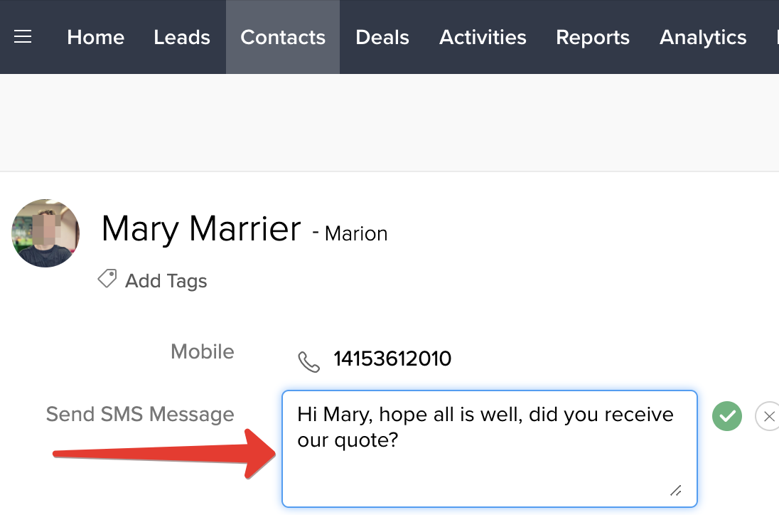 Sending an SMS from a Zoho CRM Contact