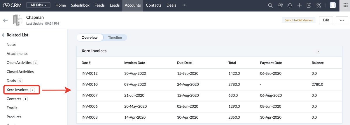 Xero invoices listed in Zoho CRM